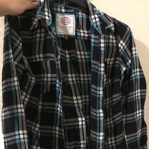 Black, white, and teal flannel shirt